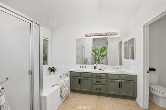 32147 Corte Florecita, Temecula, CA 92592 - bathroom with double vanity, a stall shower, a bath, lofted ceiling, and toilet