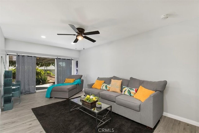 25781 Interlechen Dr, Menifee, CA 92586 - living room with wood finished floors, baseboards, a ceiling fan, and recessed lighting