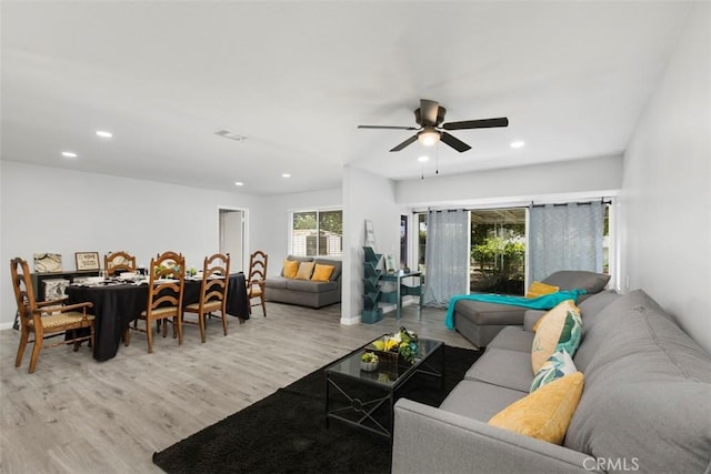 25781 Interlechen Dr, Menifee, CA 92586 - living room with recessed lighting, light wood-type flooring, a ceiling fan, and baseboards