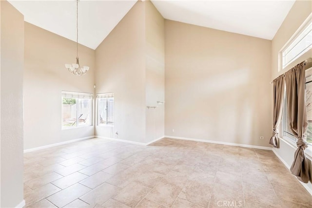 24701 New Haven Dr, Murrieta, CA 92562 - spare room with a chandelier, high vaulted ceiling, baseboards, and light tile patterned flooring