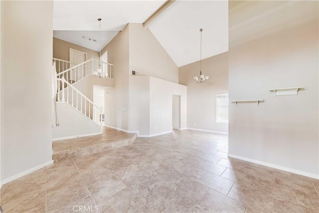 24701 New Haven Dr, Murrieta, CA 92562 - unfurnished living room with a chandelier, beam ceiling, high vaulted ceiling, stairs, and baseboards