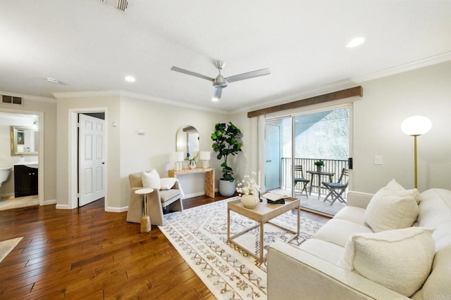 3078 Broadway Unit 210, San Diego, CA 92102 - living area with wood-type flooring, ornamental molding, arched walkways, a ceiling fan, and baseboards