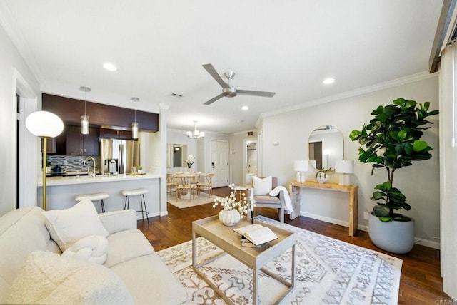 3078 Broadway Unit 210, San Diego, CA 92102 - living area featuring ceiling fan, dark wood finished floors, recessed lighting, crown molding, and baseboards