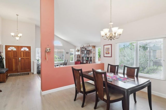 4294 Panorama Dr, La Mesa, CA 91941 - dining room featuring a chandelier, lofted ceiling, light wood-style floors, and baseboards