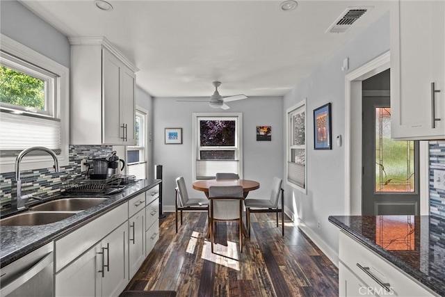 225 W 12th St, Chico, CA 95928 - kitchen with a sink, decorative backsplash, dark wood-type flooring, ceiling fan, and recessed lighting