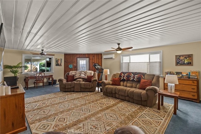 225 W 12th St, Chico, CA 95928 - carpeted living area featuring ceiling fan, an AC wall unit, and wooden walls
