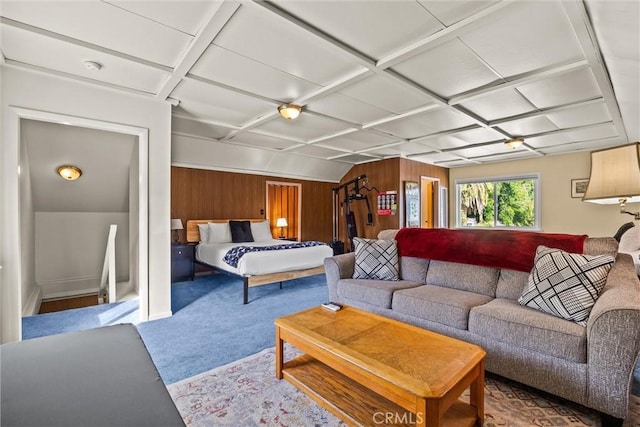 225 W 12th St, Chico, CA 95928 - bedroom with carpet floors, coffered ceiling, and wooden walls