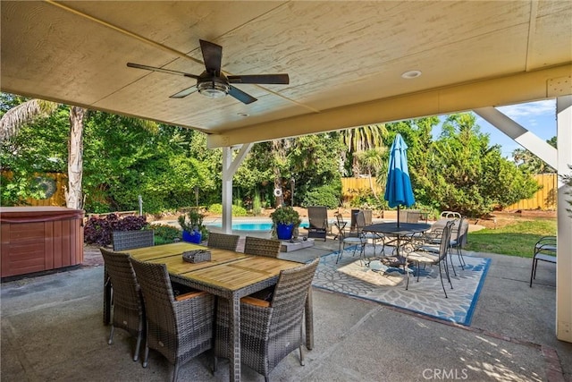 225 W 12th St, Chico, CA 95928 - fenced backyard featuring outdoor dining space, a hot tub, a patio, and ceiling fan