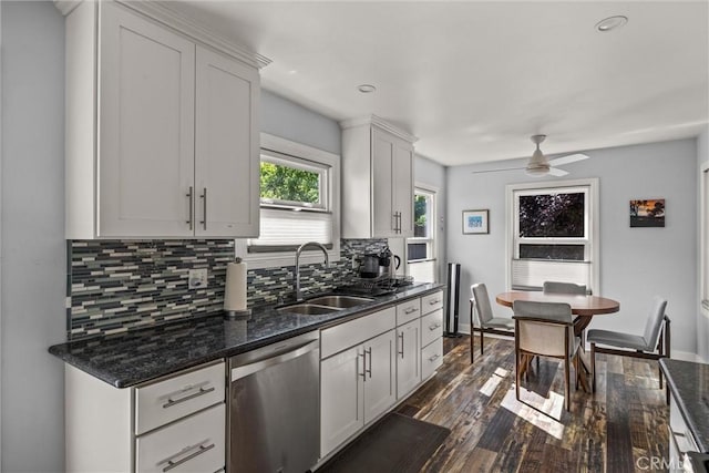 225 W 12th St, Chico, CA 95928 - kitchen featuring dishwasher, a sink, decorative backsplash, dark wood-type flooring, and a ceiling fan