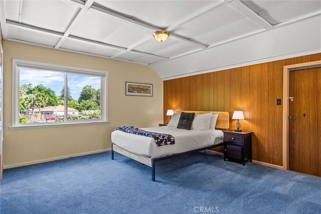 225 W 12th St, Chico, CA 95928 - carpeted bedroom with baseboards, wooden walls, coffered ceiling, and vaulted ceiling
