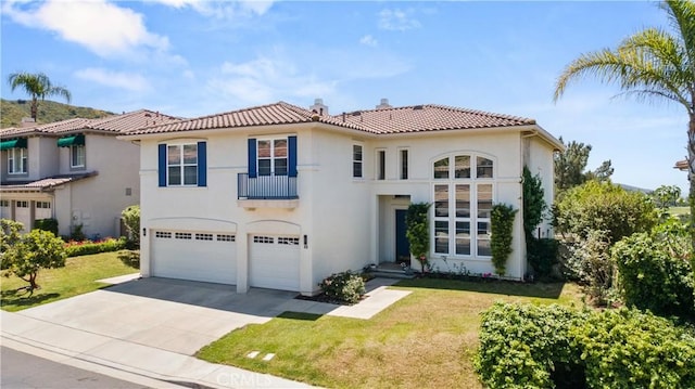 11 Golf Rdg, Rancho Santa Margarita, CA 92679 - mediterranean / spanish-style house featuring a garage, driveway, a chimney, and a tiled roof