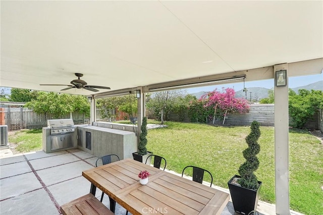 1762 Bern Dr, Corona, CA 92882 - view of patio / terrace with a ceiling fan, outdoor dining space, and a mountain view