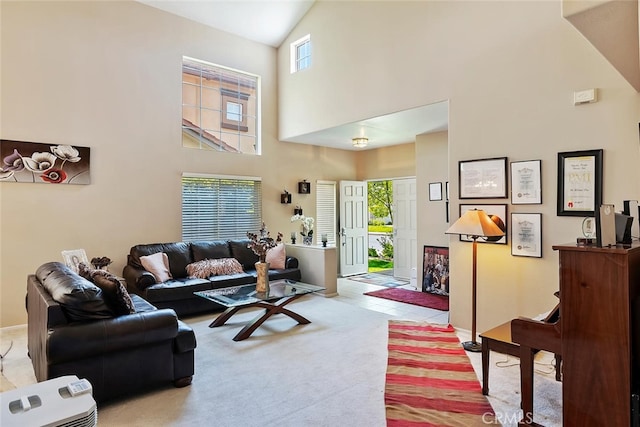 11884 Mariposa Bay Ln, Porter Ranch, CA 91326 - living room featuring high vaulted ceiling, carpet flooring, and baseboards