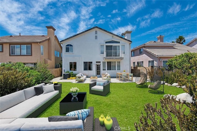 11884 Mariposa Bay Ln, Porter Ranch, CA 91326 - rear view of property featuring an outdoor living space, a balcony, stucco siding, a patio, and central AC