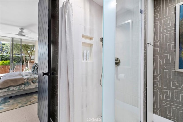 741 Avocado Ave Unit 101, Corona Del Mar, CA 92625 - full bathroom featuring connected bathroom, a shower stall, and ceiling fan