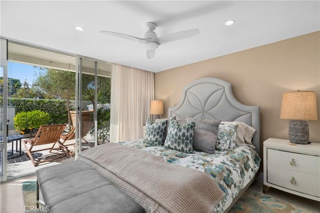 741 Avocado Ave Unit 101, Corona Del Mar, CA 92625 - bedroom with access to exterior, recessed lighting, a ceiling fan, and a wall of windows