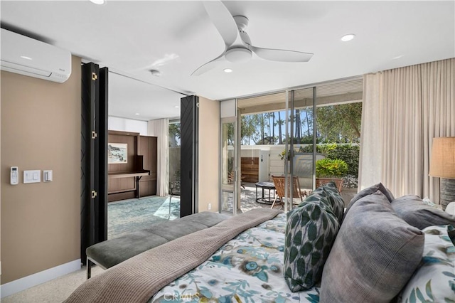 741 Avocado Ave Unit 101, Corona Del Mar, CA 92625 - bedroom with a wall unit AC, light colored carpet, access to outside, baseboards, and recessed lighting