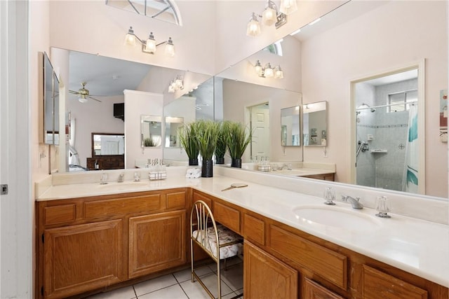 16051 Augusta Dr, Chino Hills, CA 91709 - bathroom with double vanity, a shower stall, tile patterned floors, and ceiling fan