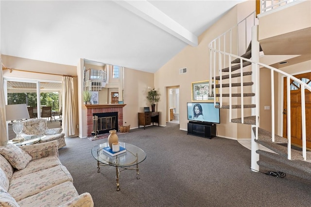 16051 Augusta Dr, Chino Hills, CA 91709 - carpeted living area featuring high vaulted ceiling, beam ceiling, stairs, a fireplace, and baseboards