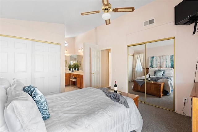 16051 Augusta Dr, Chino Hills, CA 91709 - bedroom featuring two closets, light carpet, connected bathroom, and a ceiling fan