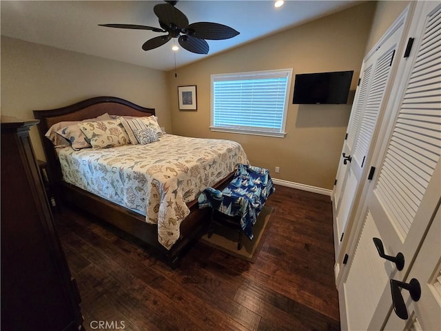 249 Loyola Rd, Costa Mesa, CA 92626 - bedroom featuring vaulted ceiling, wood finished floors, baseboards, recessed lighting, and a ceiling fan