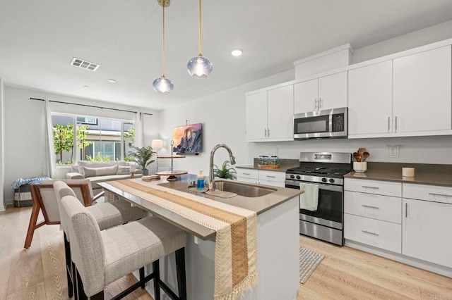35180 Grove Trl, Fallbrook, CA 92028 - kitchen featuring stainless steel appliances, a sink, light wood-type flooring, a kitchen island with sink, and pendant lighting