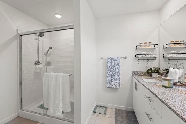 35180 Grove Trl, Fallbrook, CA 92028 - full bath featuring a stall shower, vanity, baseboards, and tile patterned flooring