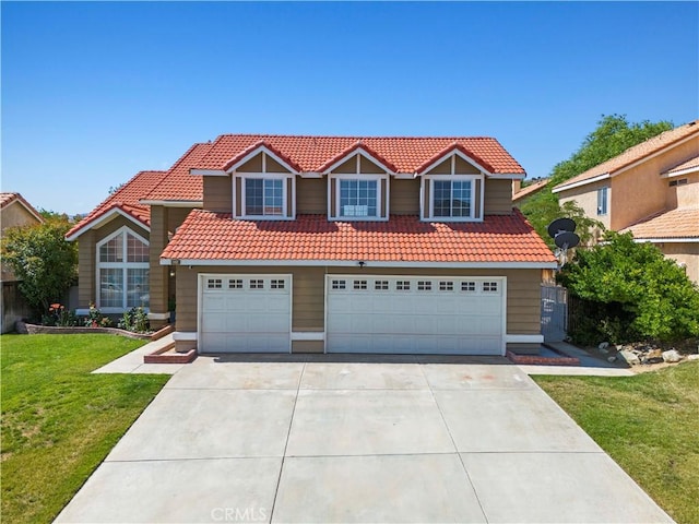 3314 Sandstone Ct, Palmdale, CA 93551 - traditional-style house with a tile roof, driveway, an attached garage, and a front lawn