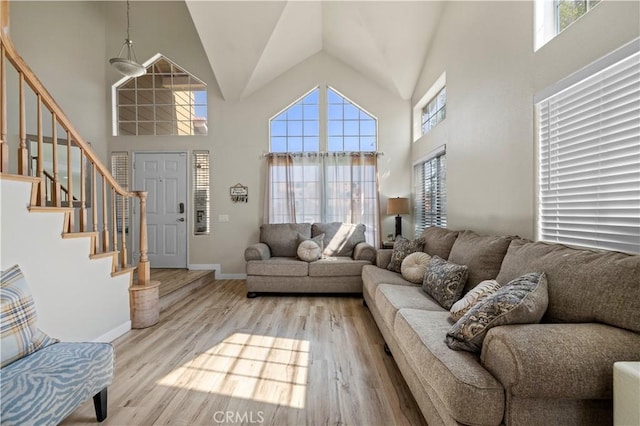 3314 Sandstone Ct, Palmdale, CA 93551 - living room with plenty of natural light, high vaulted ceiling, wood finished floors, and stairway