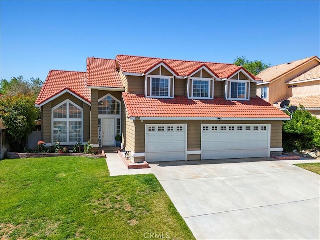 3314 Sandstone Ct, Palmdale, CA 93551 - traditional-style home featuring a tiled roof, concrete driveway, an attached garage, and a front yard