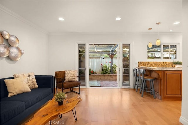 2365 Sommerset Dr, Brea, CA 92821 - living area featuring light wood finished floors, crown molding, and recessed lighting