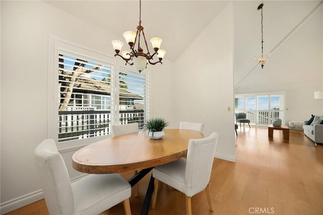 2365 Sommerset Dr, Brea, CA 92821 - dining room with a chandelier, high vaulted ceiling, light wood-style flooring, and baseboards