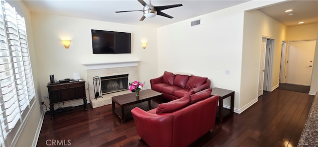 27324 Chesterfield Dr, Valencia, CA 91354 - living area featuring wood-type flooring, a ceiling fan, a brick fireplace, recessed lighting, and baseboards