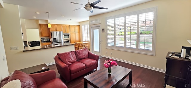 27324 Chesterfield Dr, Valencia, CA 91354 - living room featuring a ceiling fan, dark wood-style floors, recessed lighting, and baseboards