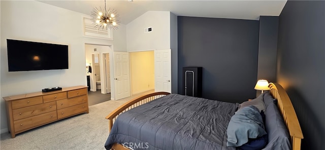 27324 Chesterfield Dr, Valencia, CA 91354 - bedroom featuring a chandelier, light colored carpet, high vaulted ceiling, and baseboards