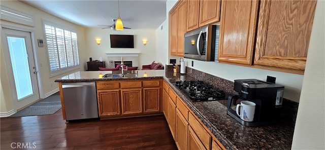 27324 Chesterfield Dr, Valencia, CA 91354 - kitchen with appliances with stainless steel finishes, a peninsula, open floor plan, dark wood-type flooring, and ceiling fan