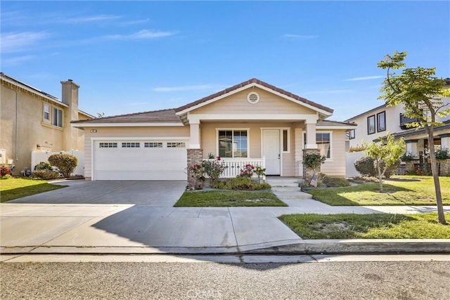 62 Rio Grande St, Fillmore, CA 93015 - view of front facade with an attached garage, covered porch, concrete driveway, and a front lawn