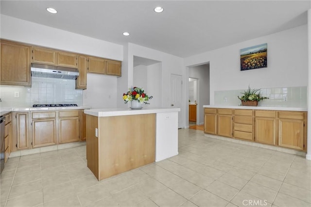 62 Rio Grande St, Fillmore, CA 93015 - kitchen featuring under cabinet range hood, decorative backsplash, light countertops, gas cooktop, and recessed lighting