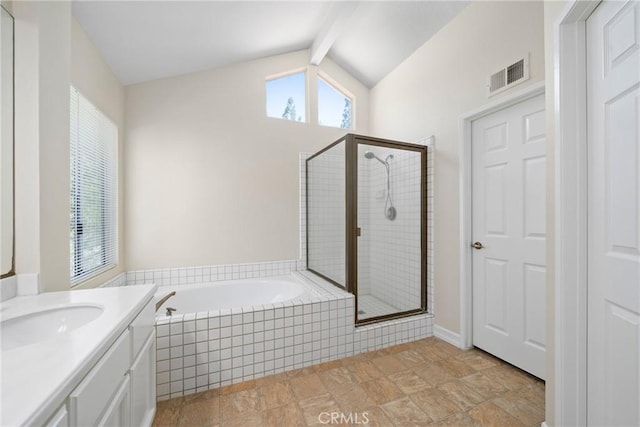 3 Andria, Irvine, CA 92614 - bathroom featuring a bath, a shower stall, vanity, and stone finish floors