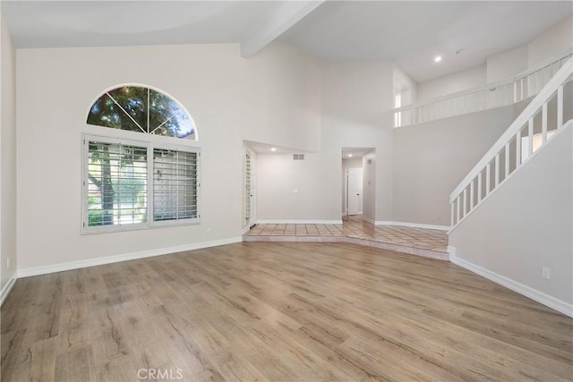 3 Andria, Irvine, CA 92614 - unfurnished living room with wood finished floors, beamed ceiling, stairway, high vaulted ceiling, and baseboards