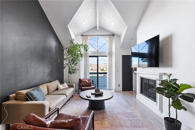 26873 Claudette St Unit 112, Canyon Country, CA 91351 - living area with wood finished floors, a glass covered fireplace, and high vaulted ceiling
