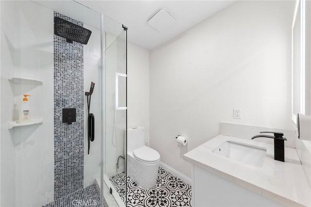 19519 Greenwillow Ln, Rowland Heights, CA 91748 - bathroom featuring vanity, a shower stall, toilet, tile patterned floors, and baseboards