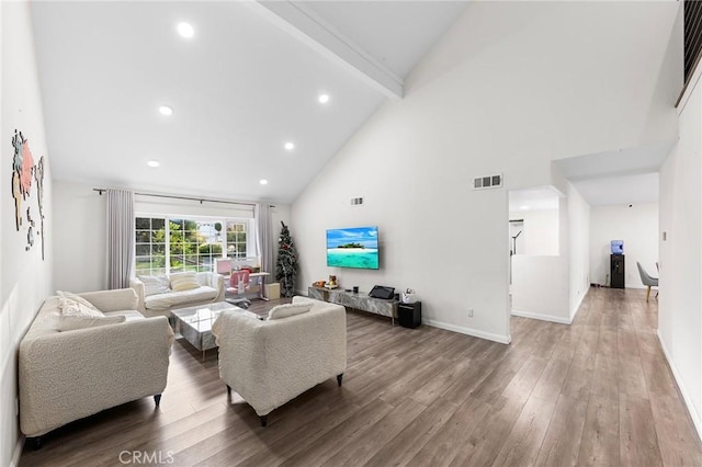 19519 Greenwillow Ln, Rowland Heights, CA 91748 - living room featuring high vaulted ceiling, beamed ceiling, wood finished floors, baseboards, and recessed lighting