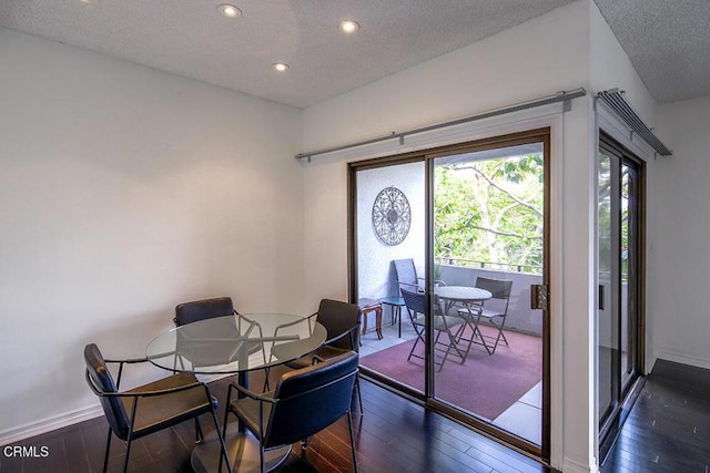 631 Wilcox Ave Unit 2E, Los Angeles, CA 90004 - dining room with a textured ceiling, recessed lighting, dark wood-style floors, and baseboards