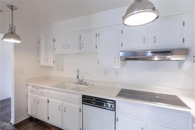 631 Wilcox Ave Unit 2E, Los Angeles, CA 90004 - kitchen featuring white dishwasher, black electric cooktop, under cabinet range hood, a sink, and white cabinetry