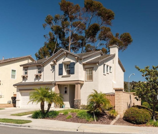 11615 Trailbrook Ln, San Diego, CA 92128 - view of front of house with stucco siding, an attached garage, a chimney, and driveway