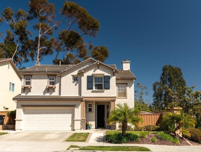 11615 Trailbrook Ln, San Diego, CA 92128 - traditional home featuring stucco siding, an attached garage, concrete driveway, and a chimney