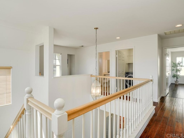 11615 Trailbrook Ln, San Diego, CA 92128 - hall featuring an upstairs landing, healthy amount of natural light, wood finished floors, and recessed lighting