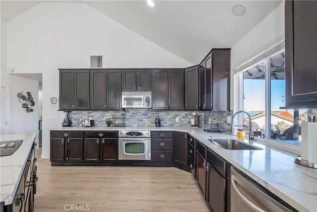 9255 Fortuna Ave, Yucca Valley, CA 92284 - kitchen featuring appliances with stainless steel finishes, a sink, high vaulted ceiling, light wood-style flooring, and tasteful backsplash