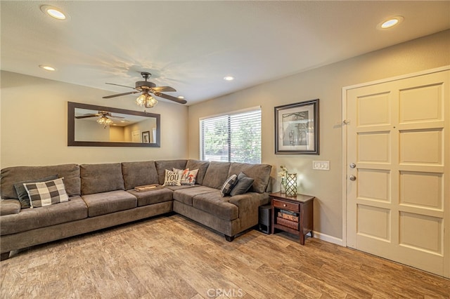 44156 30th St W, Lancaster, CA 93536 - living area with recessed lighting, light wood-style floors, ceiling fan, and baseboards